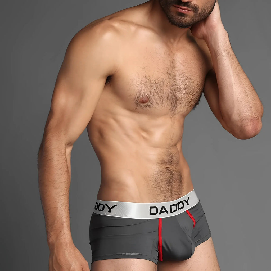 Gray daddy brand briefs with white waistband black lettering and red side accents in daddy ddg001 boxer trunk design