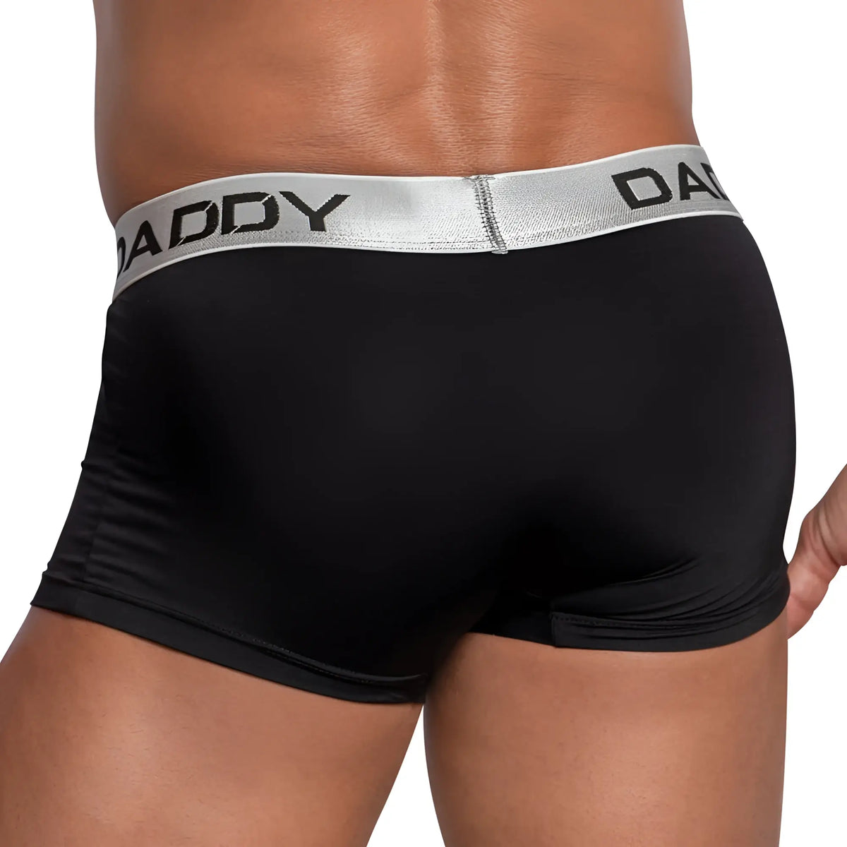 Black daddy brand boxer brief ddg010 with silver waistband and daddy logo in black lettering