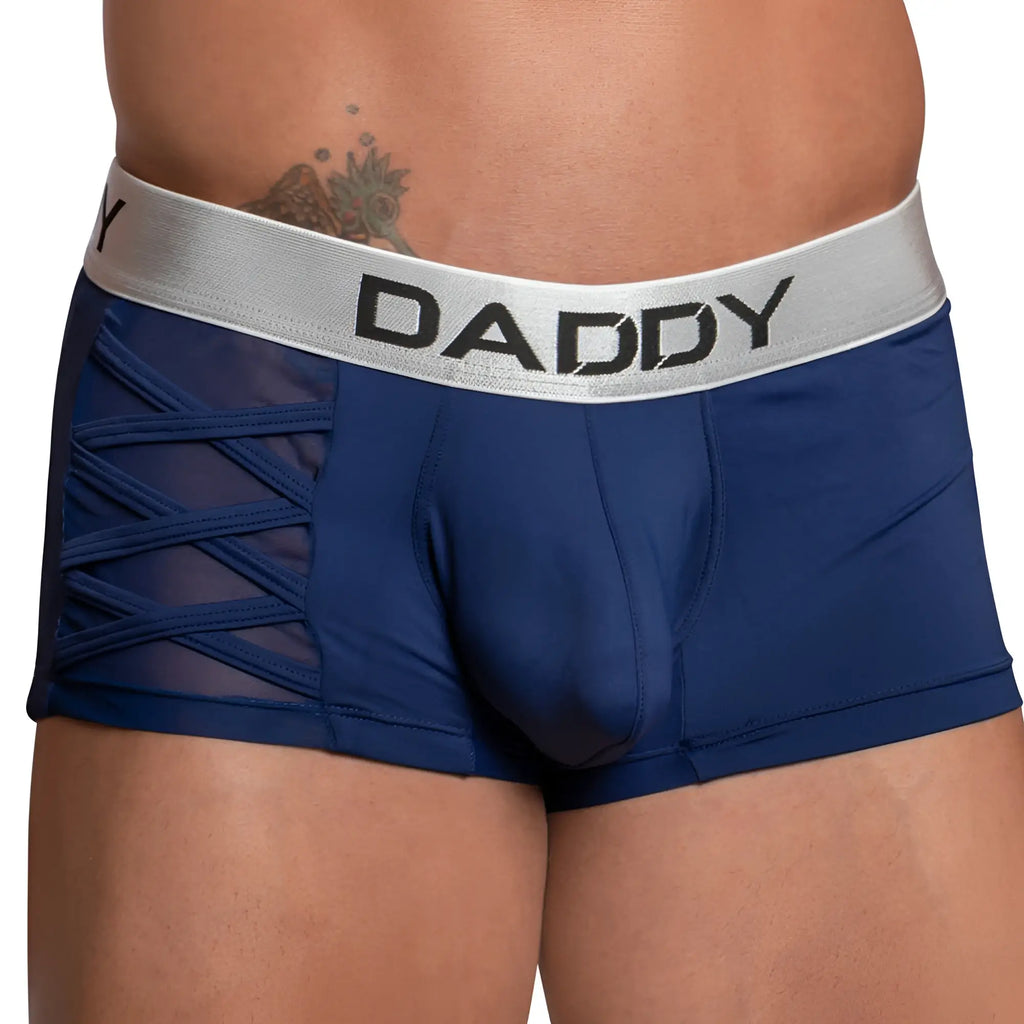 Navy blue daddy ddg010 boxer brief with silver waistband black lettering and sheer mesh side panels for men