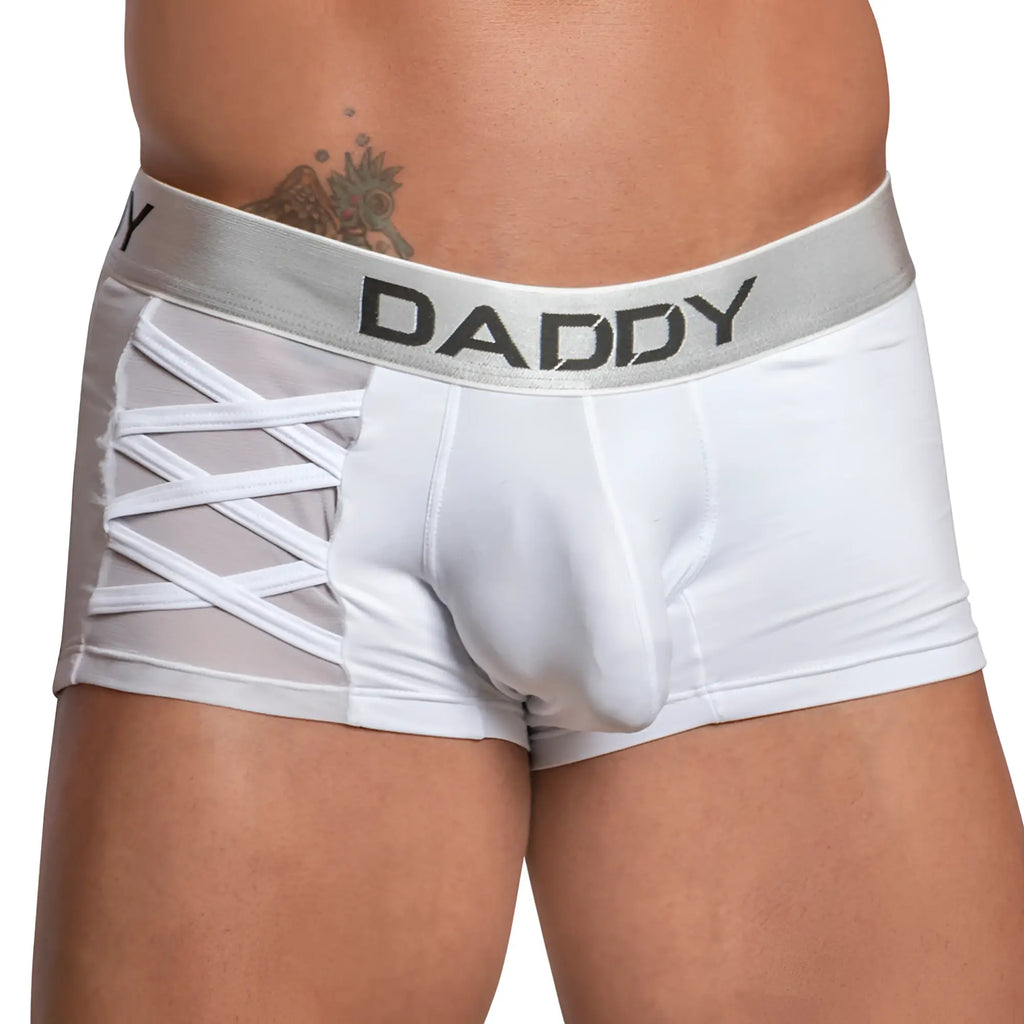 White menâ€™s boxer briefs daddy DDG010 with gray waistband black lettering and white lace-up side detailing