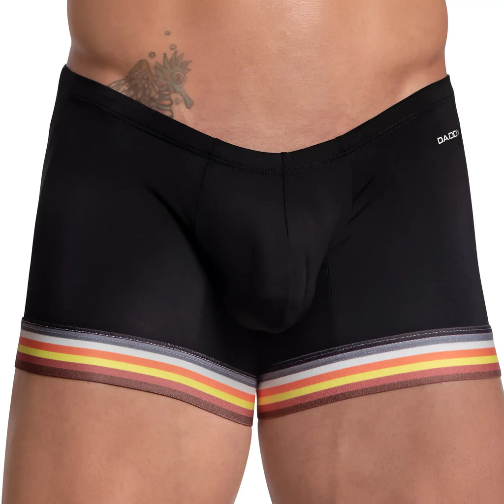 Black daddy brand daddy ddg012 boxer trunk menâ€™s briefs with colorful striped waistband in orange yellow gray and brown
