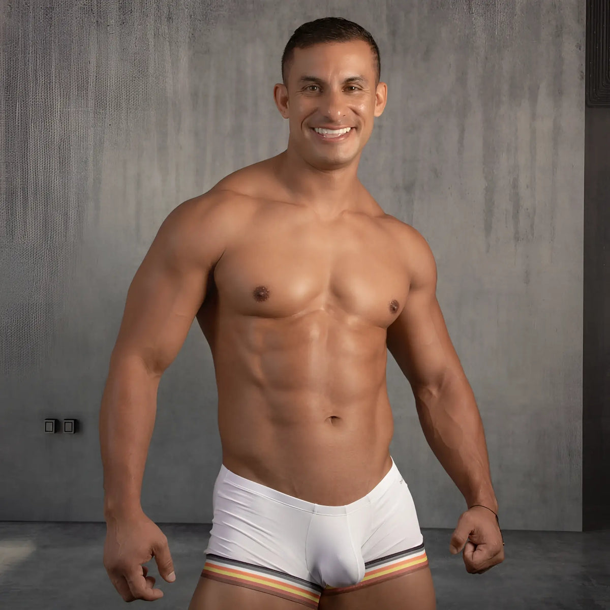 White Daddy DDG012 boxer trunk briefs with striped yellow red and black waistband for athletic wear