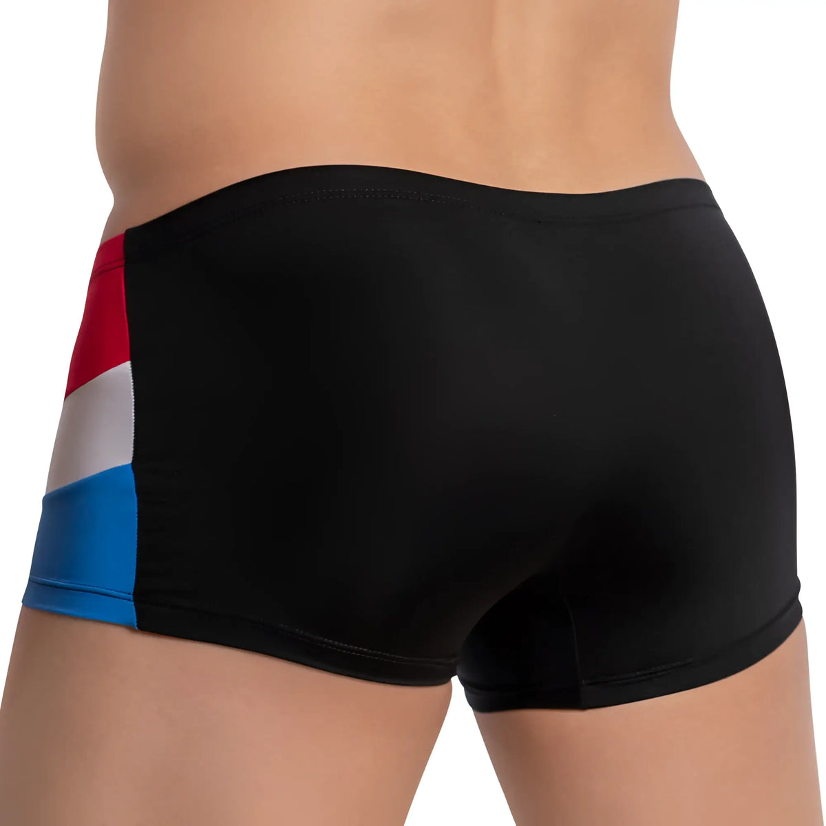 Daddy DDG013 boxer trunk black swim trunks with bold red white and blue striped side panel for men
