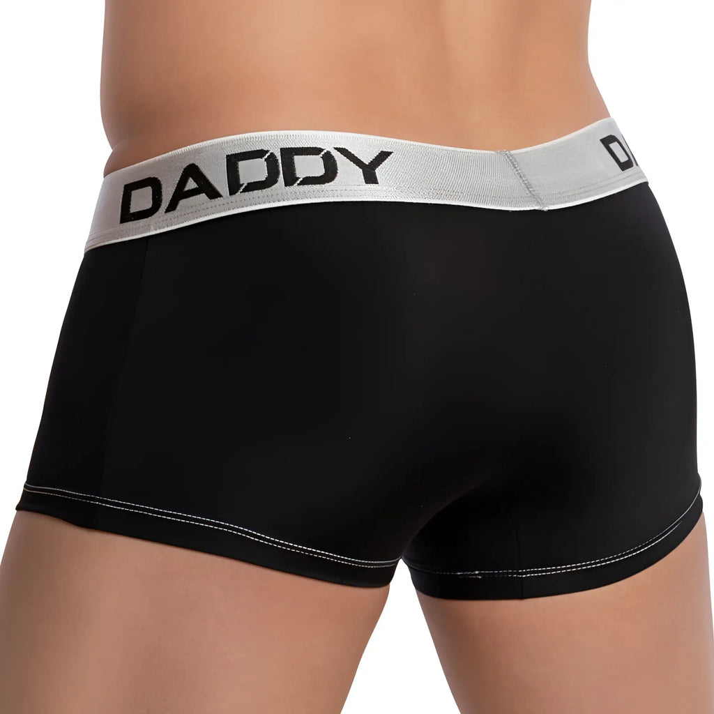Black daddy brand daddy ddg014 boxer trunk briefs with gray waistband black lettering and white stitching on leg openings