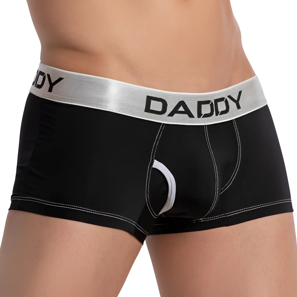 Black menâ€™s boxer briefs daddy DDG014 with silver waistband bold black lettering and white stitching along seams