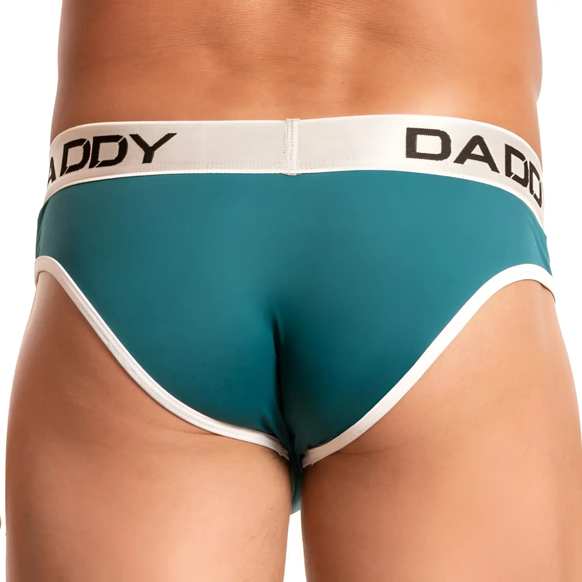 Teal daddy brand bikini briefs with white trim and waistband in breathable stretchy fabric for comfortable wear