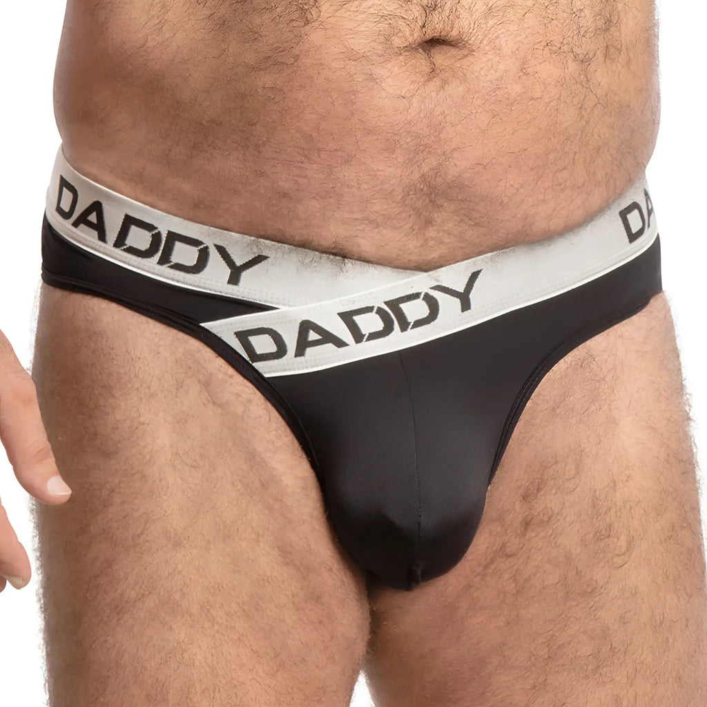 Daddy ddi016 jockstrap briefs in black with a contrasting gray waistband and bold black daddy lettering