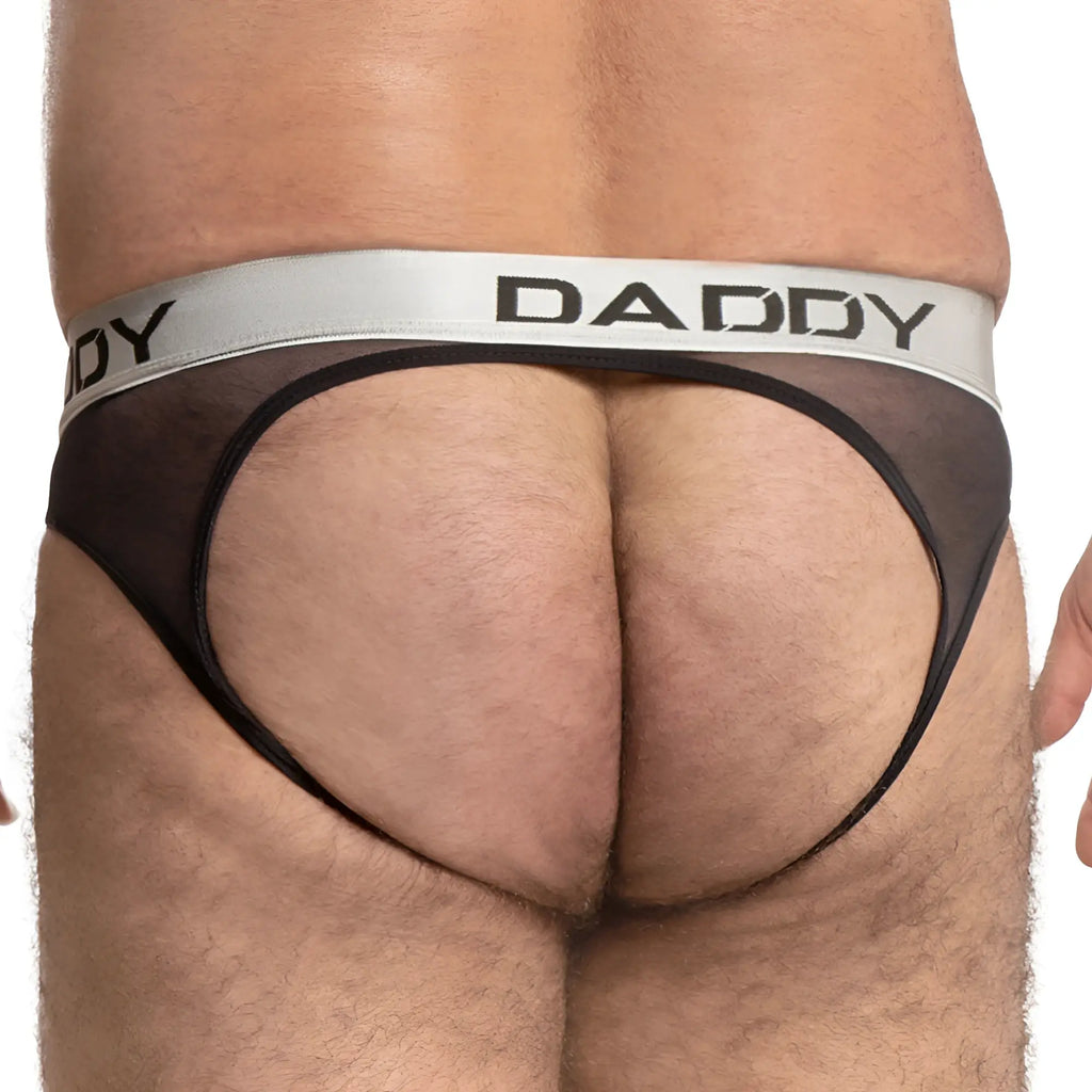 Black sheer mesh thong jockstrap with silver waistband featuring bold black daddy lettering front view