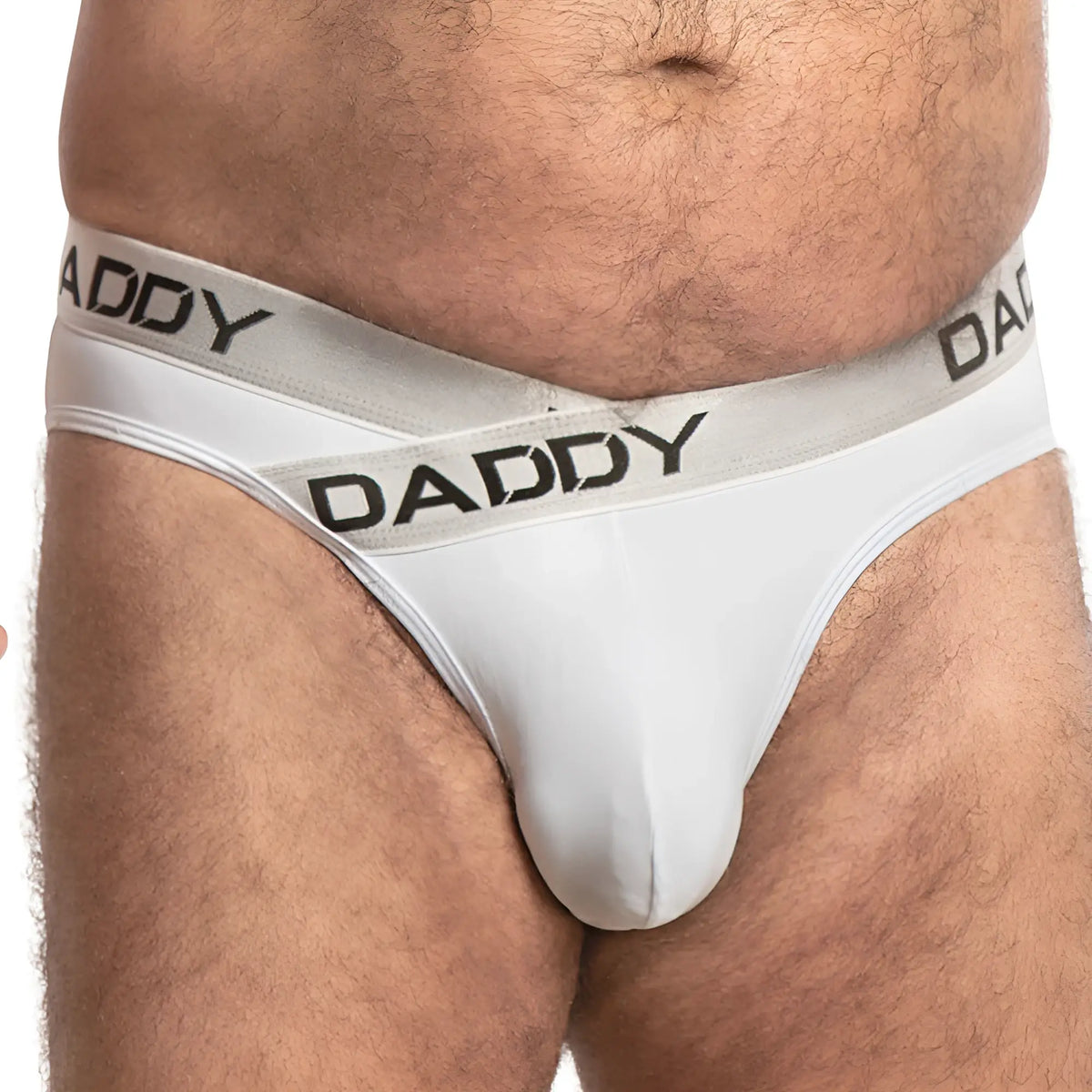 White daddy brand thong jockstrap with black lettering on the waistband showing the front side