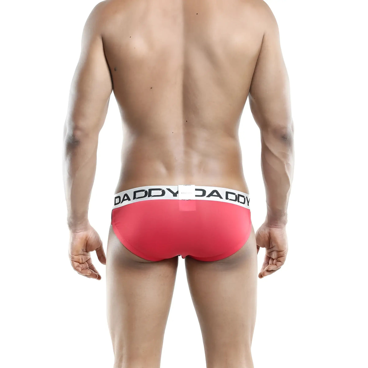 Red daddy bikini brief with white waistband and black lettering featuring comfortable breathable fabric