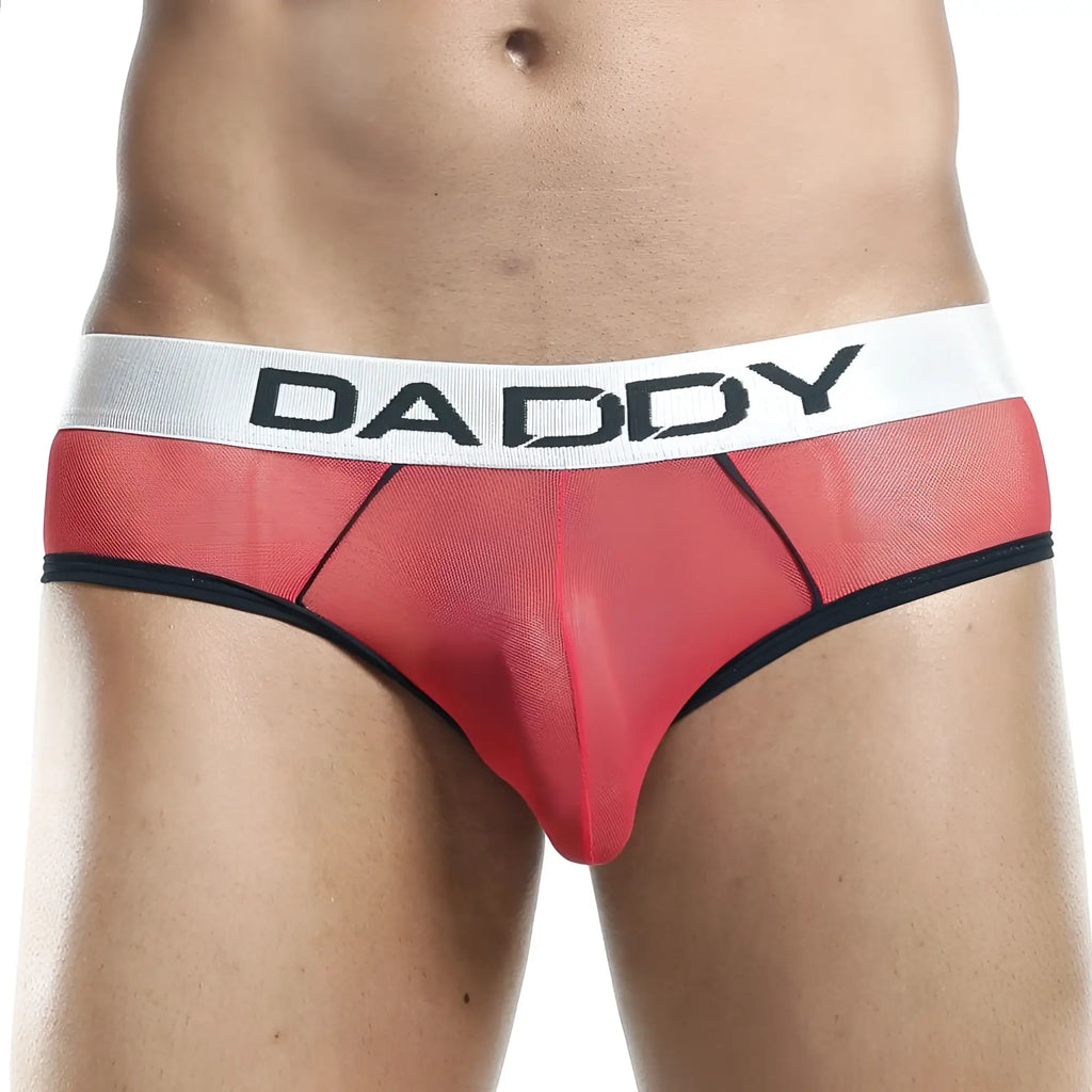 Red mesh menâ€™s daddy ddj001 bikini brief with white waistband and black daddy lettering on the front