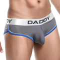 Gray daddy brand briefs Daddy DDJ007 with blue trim and white waistband featuring black lettering