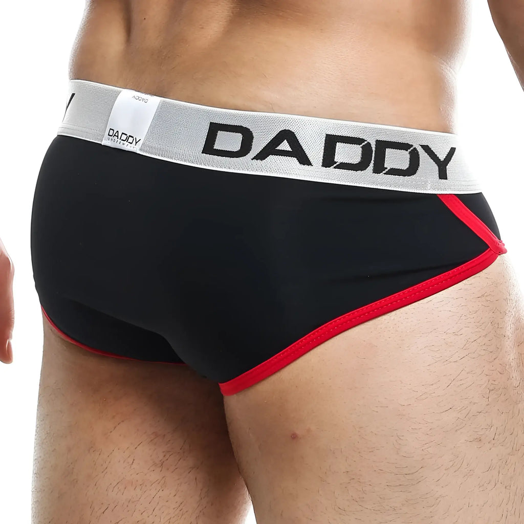 Black daddy ddj008 brief underwear with red trim and gray waistband featuring bold black brand name text
