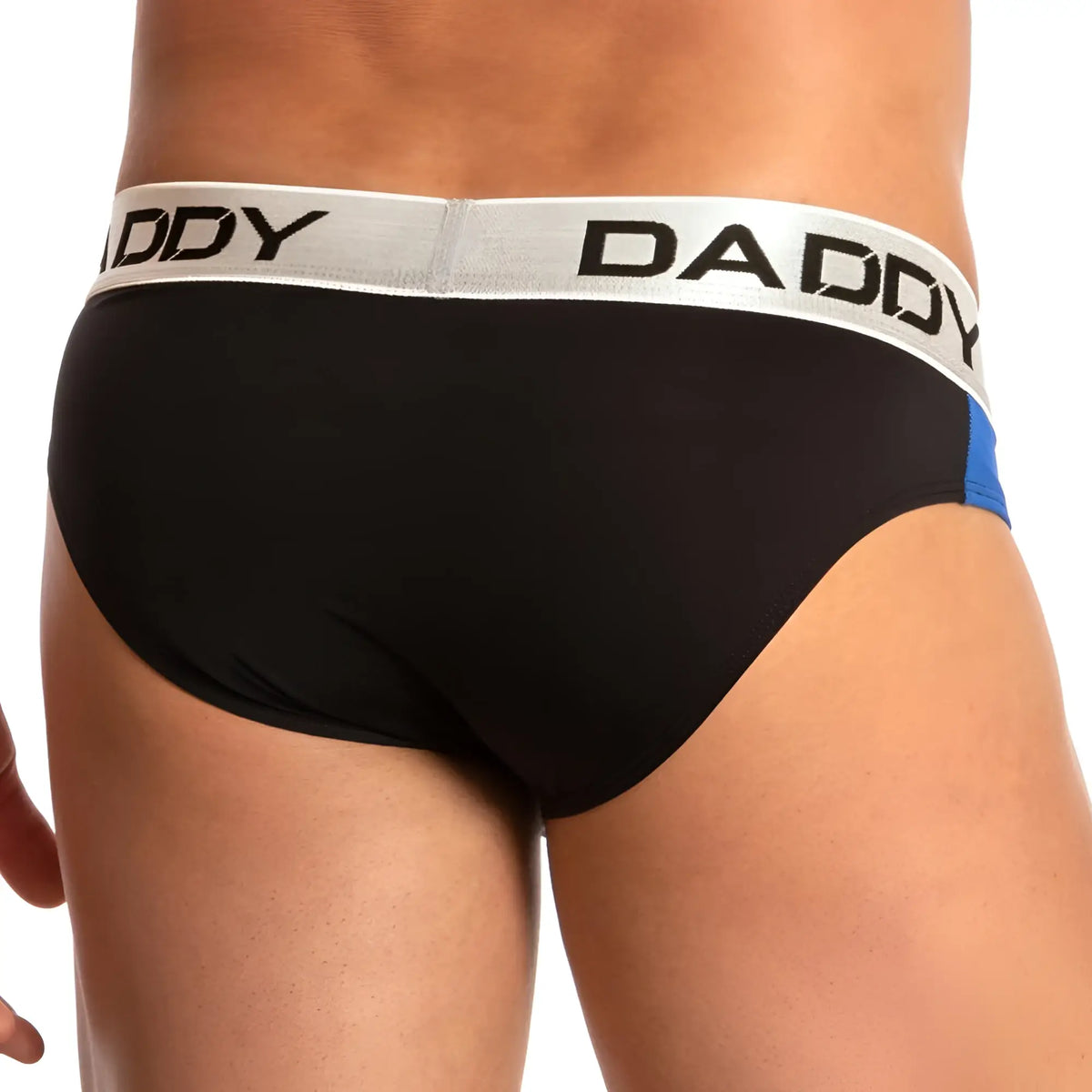 Black daddy brand briefs djj010 with silver waistband black lettering and blue side accent for everyday comfort