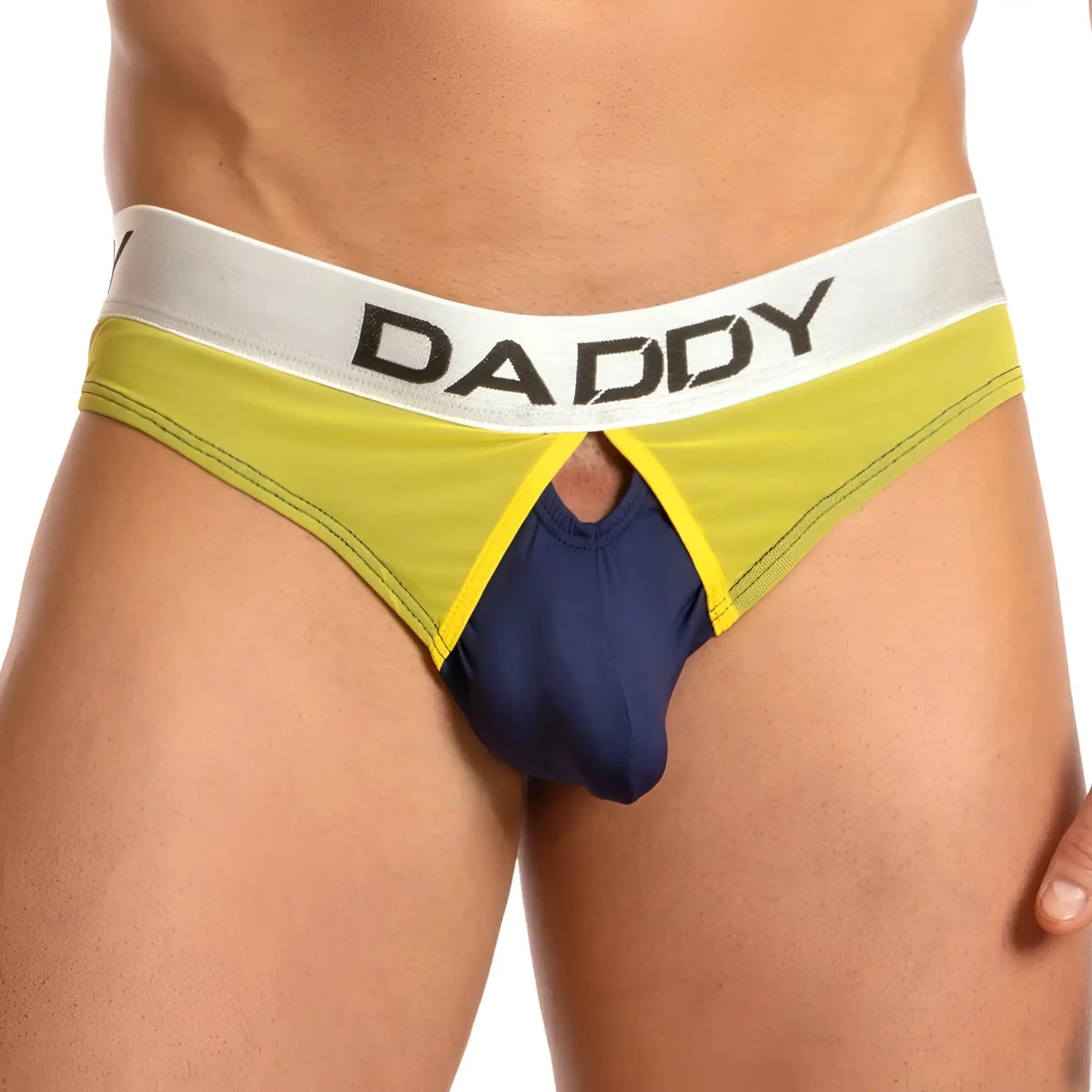 Yellow and navy blue daddy ddj010 briefs with a white waistband featuring bold black lettering front view