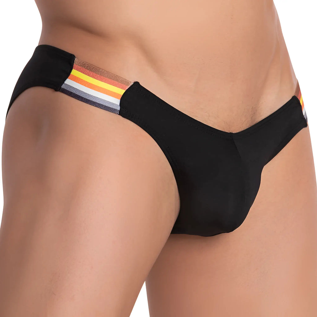 Black Daddy DDJ014 brief with colorful orange yellow white and gray striped waistband made from soft stretch fabric