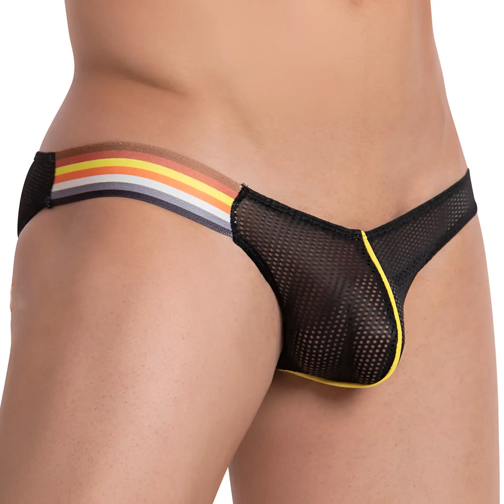 Black mesh thong brief daddy ddj015 with colorful striped waistband and yellow trim showing front side view