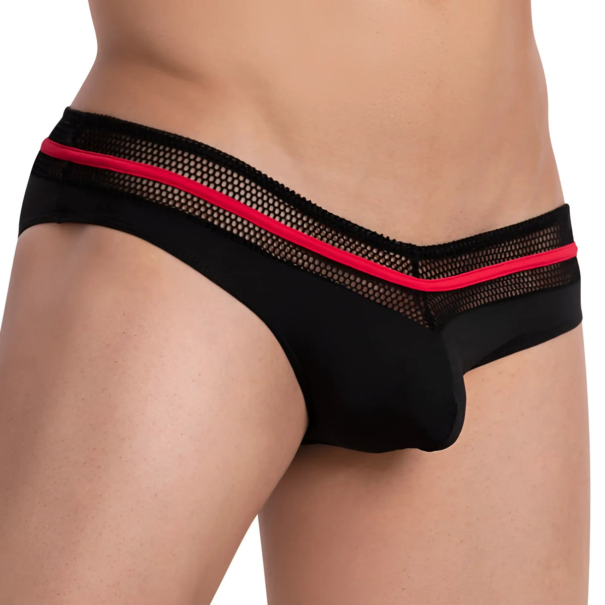 Black mesh briefs daddy ddj017 with bold red trim along the waistband for bold and breathable underwear style