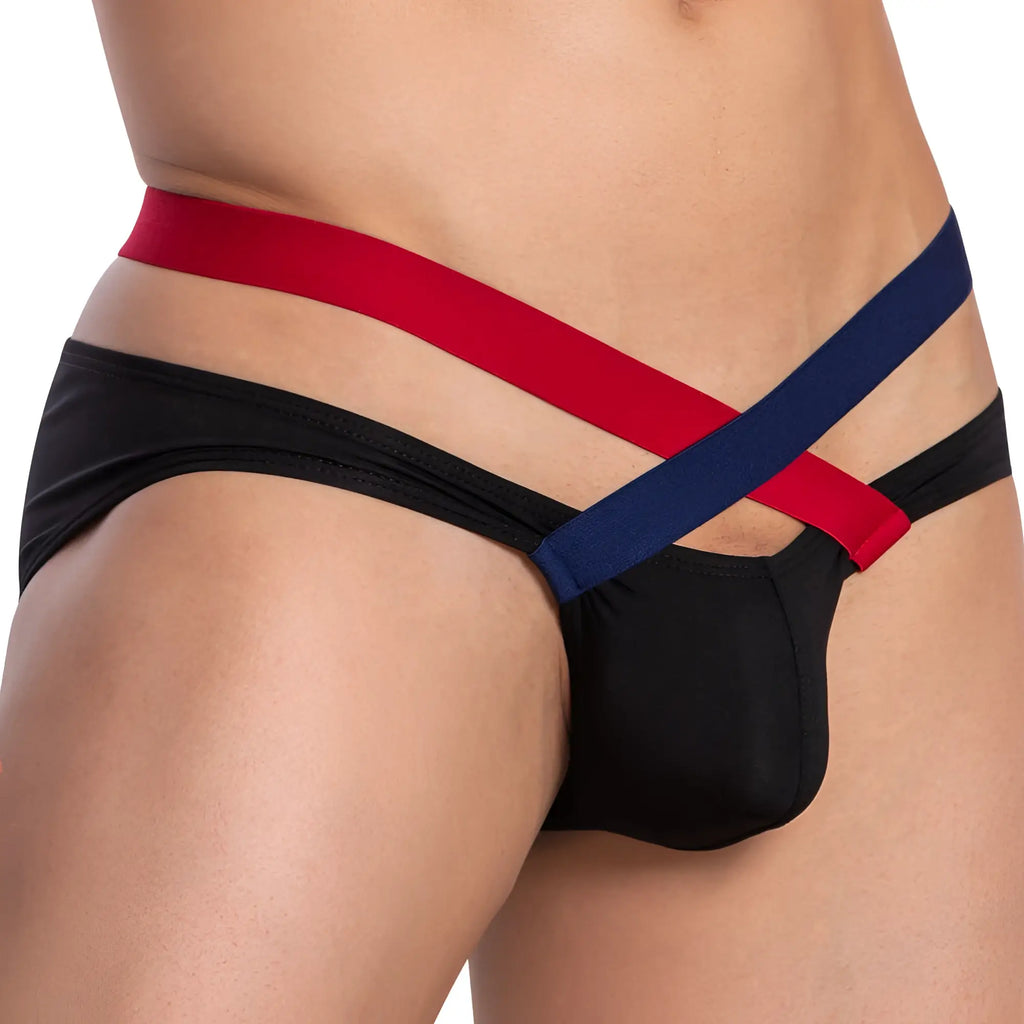 Black daddy ddj018 bikini brief with bold red and navy blue crisscross waistband and comfortable fabric