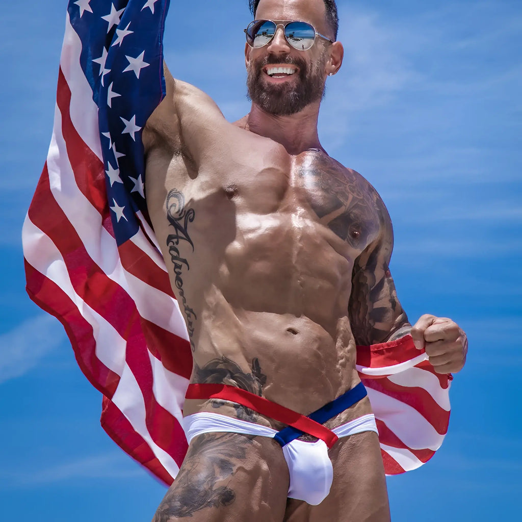 White daddy ddj018 bikini brief athletic briefs with red and blue trim for comfortable support
