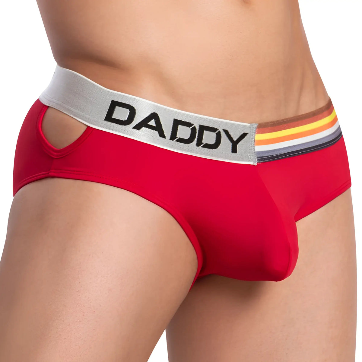 Red daddy Daddy DDJ019 brief in red with silver waistband black lettering and rainbow stripes front view