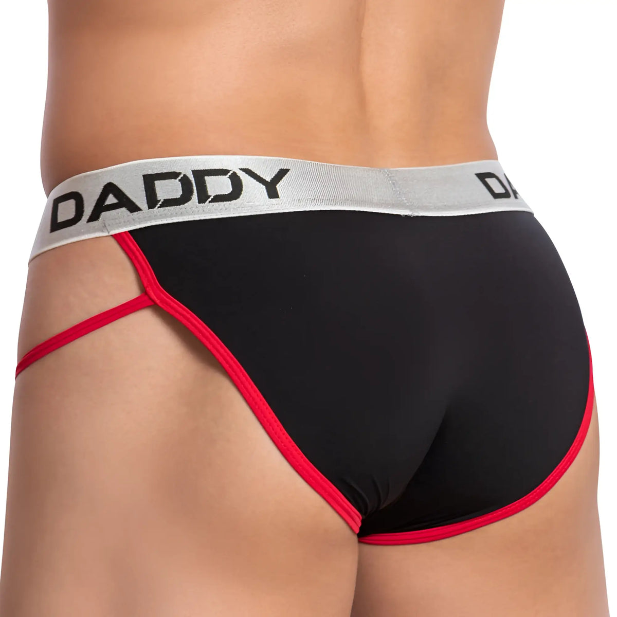Black daddy brand briefs daddy ddj020 with red trim and gray waistband featuring daddy logo in black
