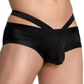 Black satin Daddy DDJ022 brief with bold crisscrossing strap design showing front view