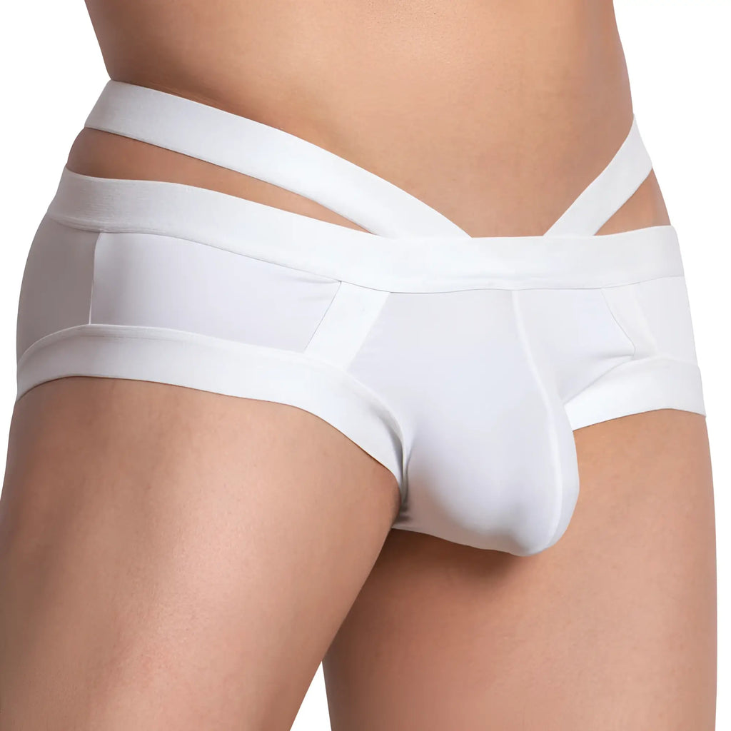 White form-fitting menâ€™s brief Daddy DDJ022 with a distinctive crisscross design on waistband and front