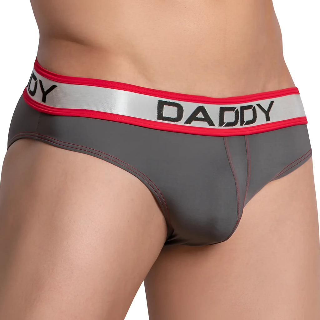 Gray daddy brand briefs daddy ddj023 featuring a red and silver waistband with bold black lettering