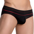 Daddy DDJ024 brief in black cotton with bold red stitching along waistband and leg openings