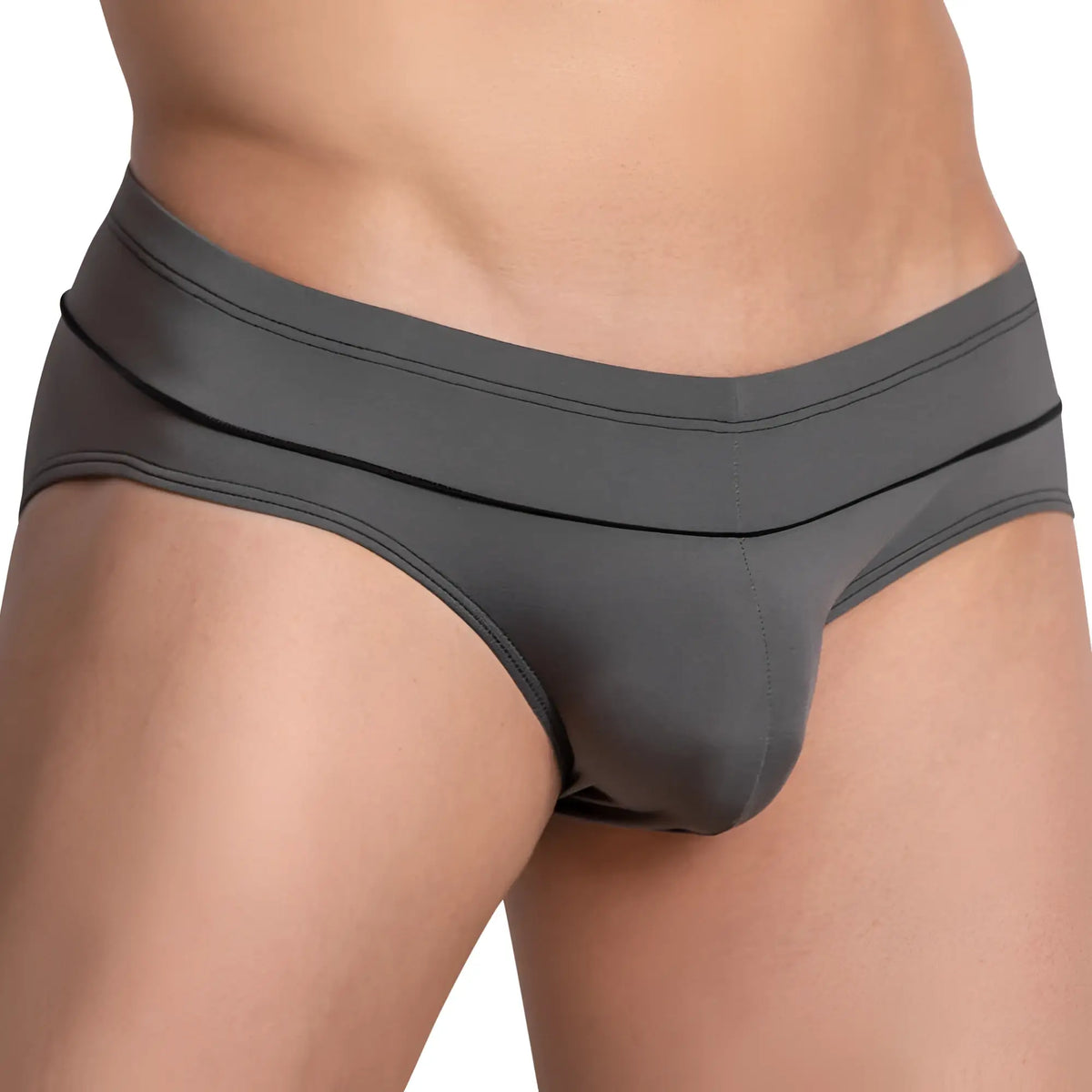 Dark gray daddy ddj024 brief with form-fitting seamless fabric and subtle black stitching along the waistband