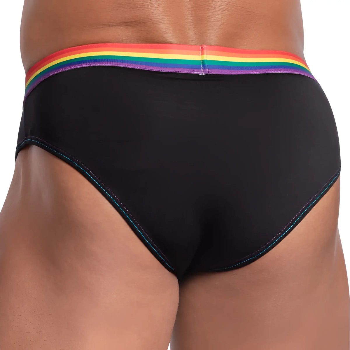 Black Daddy DDJ027 brief with rainbow stripe waistband and teal stitching along the leg openings