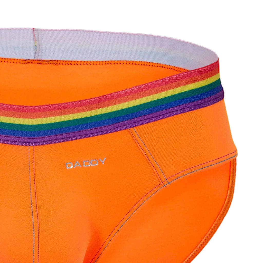 Bright orange daddy DDJ027 menâ€™s briefs with rainbow-striped waistband and silver embroidered logo