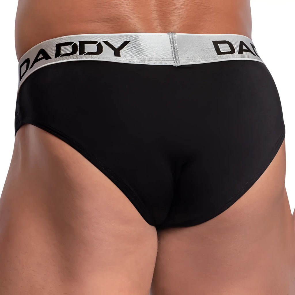 Black daddy brand bikini briefs ddj028 with silver waistband and bold black lettering for comfortable everyday wear