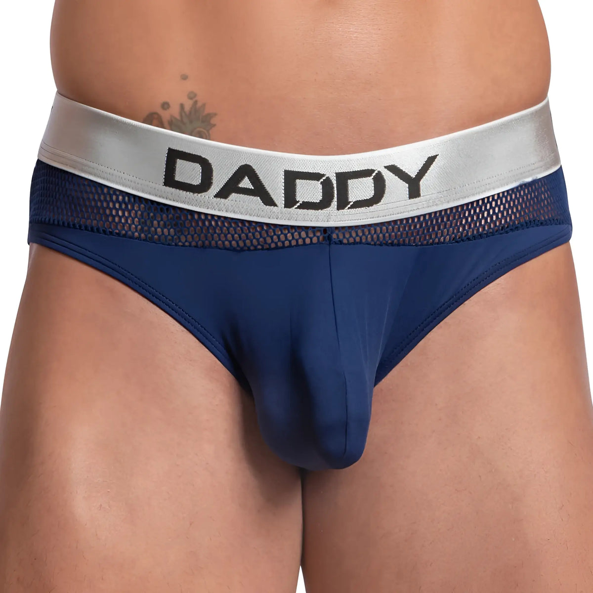 Navy blue mesh trimmed daddy ddj028 bikini brief with silver waistband and bold black daddy lettering