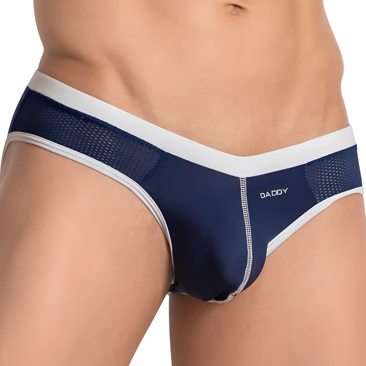 Navy blue and white daddy DDJ030 briefs with mesh panels and a sleek form-fitting design front view