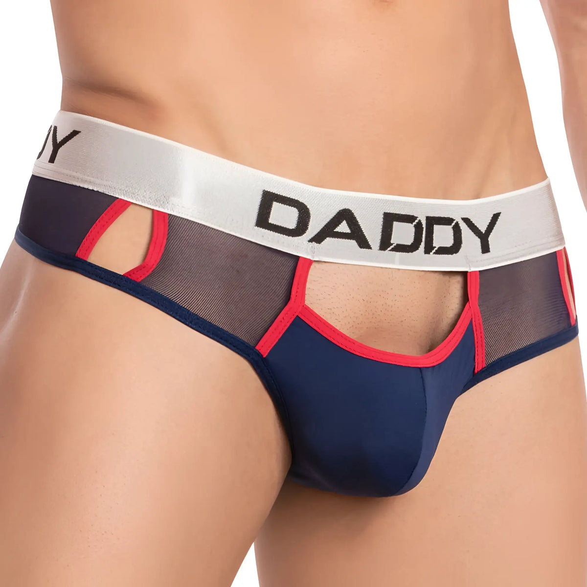 Navy blue and red mesh cutout daddy DDK034 thong briefs with white waistband and black lettering front view