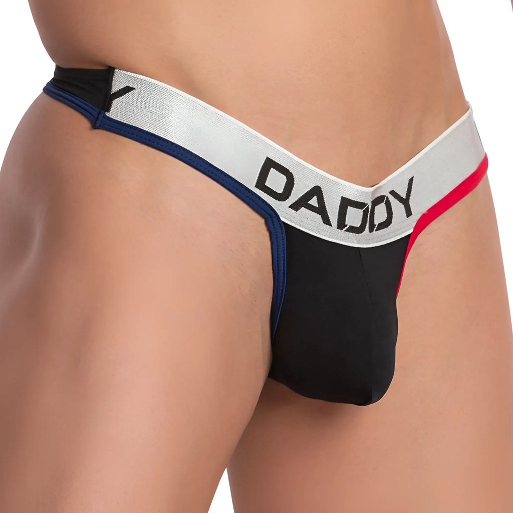 Black daddy brand thong ddk038 with silver waistband bold black lettering navy blue and red trim visible from front