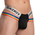 Black daddy brand thong briefs with a rainbow-striped waistband for comfortable everyday wear