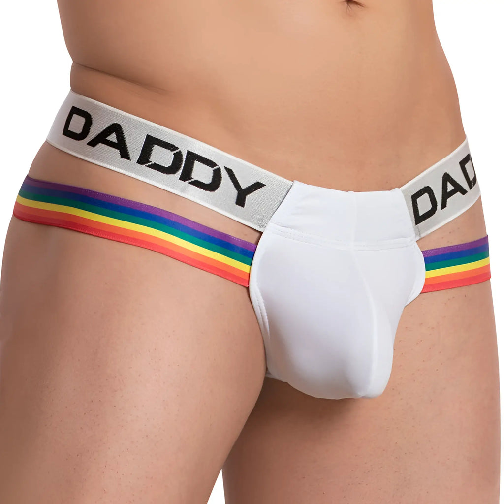 White daddy brand daddy ddk039 thong briefs with rainbow trim and silver waistband shown from the back side