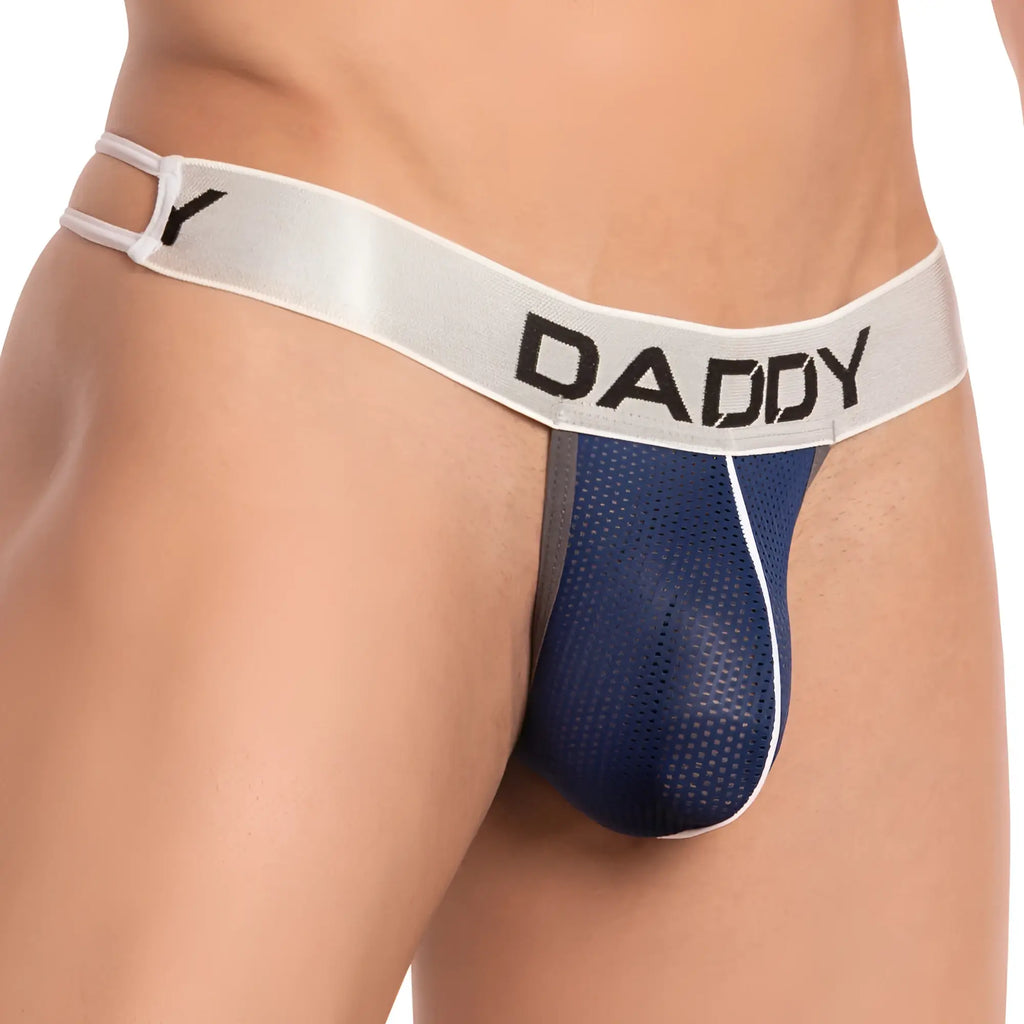 Blue mesh thong g-string with white elastic waistband featuring the word daddy in black lettering by daddy ddl007