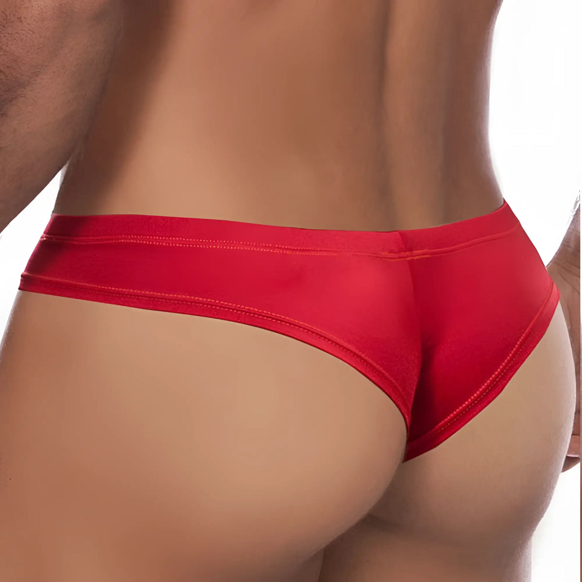 Red satin briefs Daniel Alexander DA515 thong with smooth glossy finish and seamless stitching shown from the back side