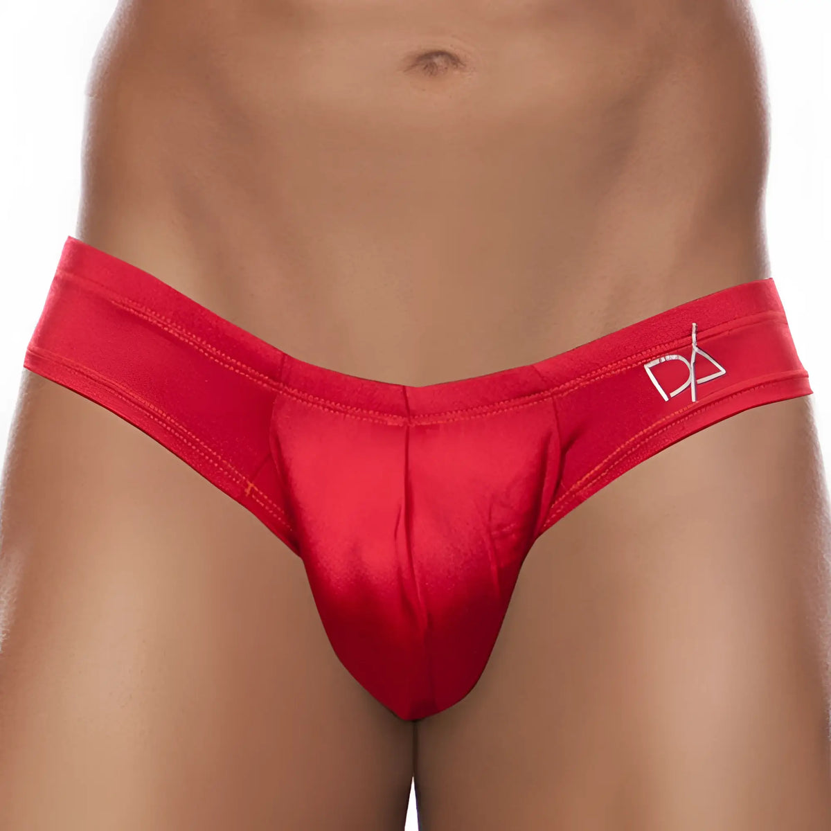Red satin Daniel Alexander DA515 thong with white logo on the waistband showing front side of the underwear