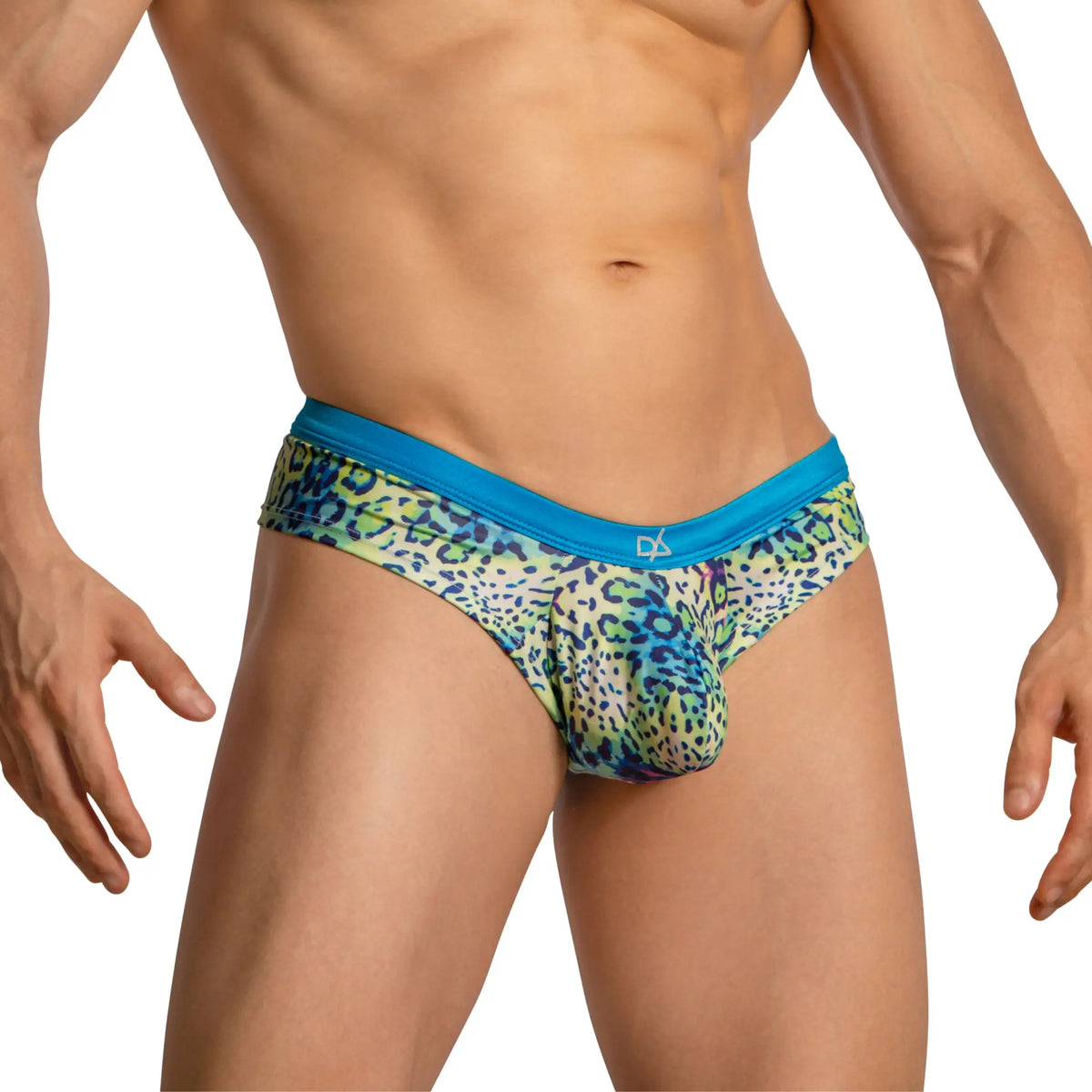 Daniel Alexander DAG014 boxer brief in vibrant blue and green leopard print with a solid turquoise waistband