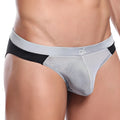 Daniel alexander dai055 bikini brief in gray and black mesh with a silver waistband and small white logo