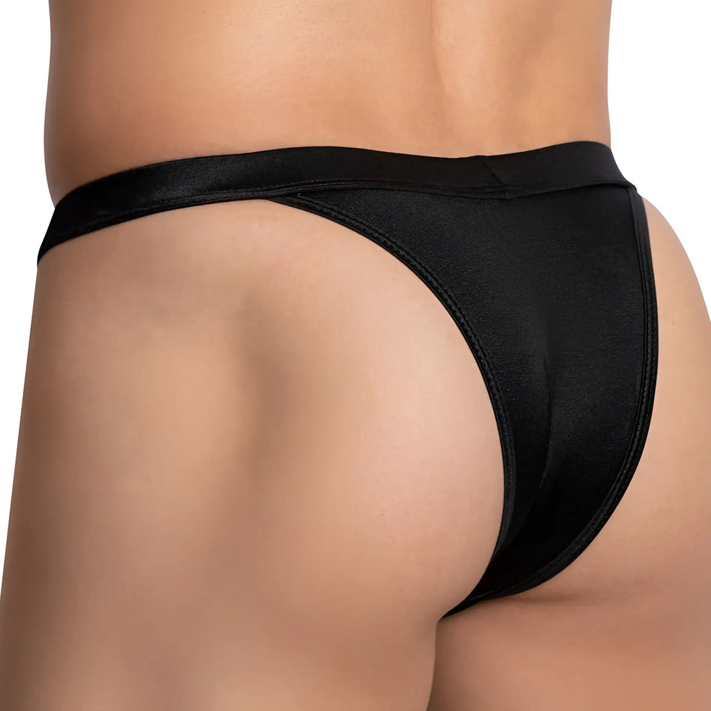 Black satin thong Daniel Alexander DAI081 bikini brief with smooth glossy finish and seamless construction back view