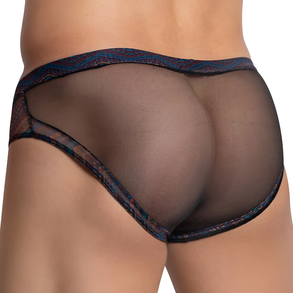 Daniel alexander dai083 bikini brief in black mesh with dark blue and red patterned trim for comfortable wear