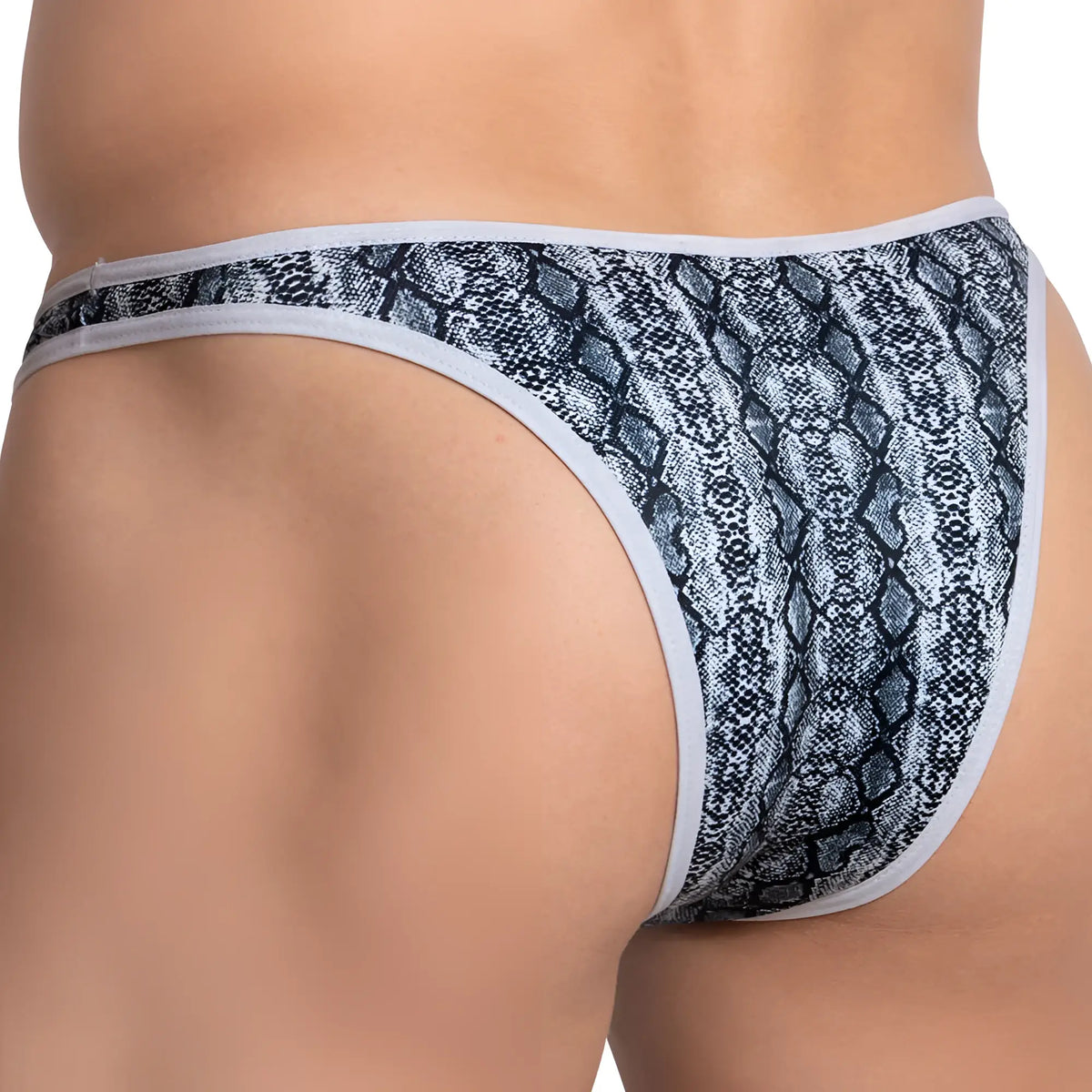 Daniel Alexander DAI089 bikini brief with black and gray snake-scale pattern and white trim in stretch fabric