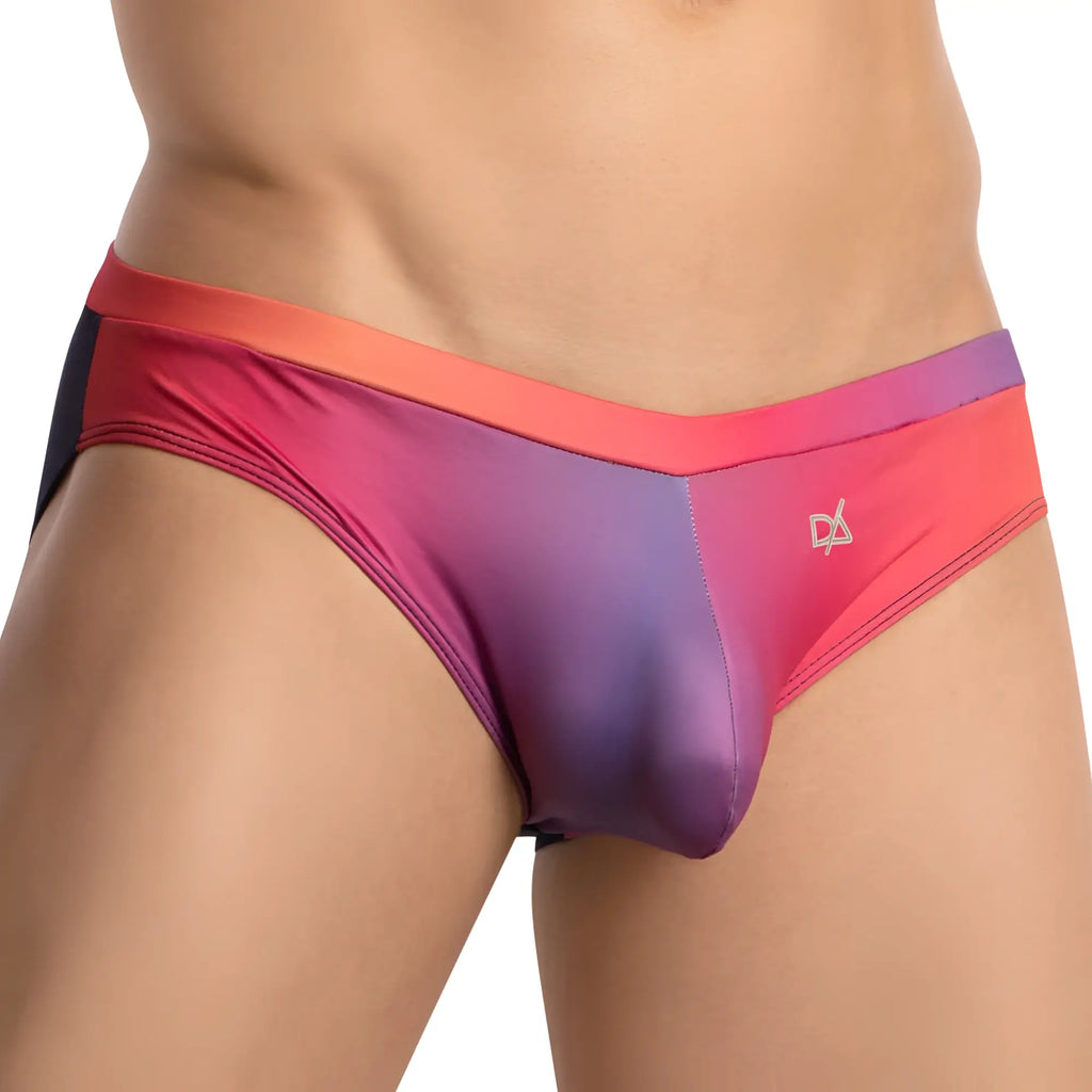 Daniel alexander dai093 bikini brief swim trunks with vibrant pink and purple gradient and black side panel with logo