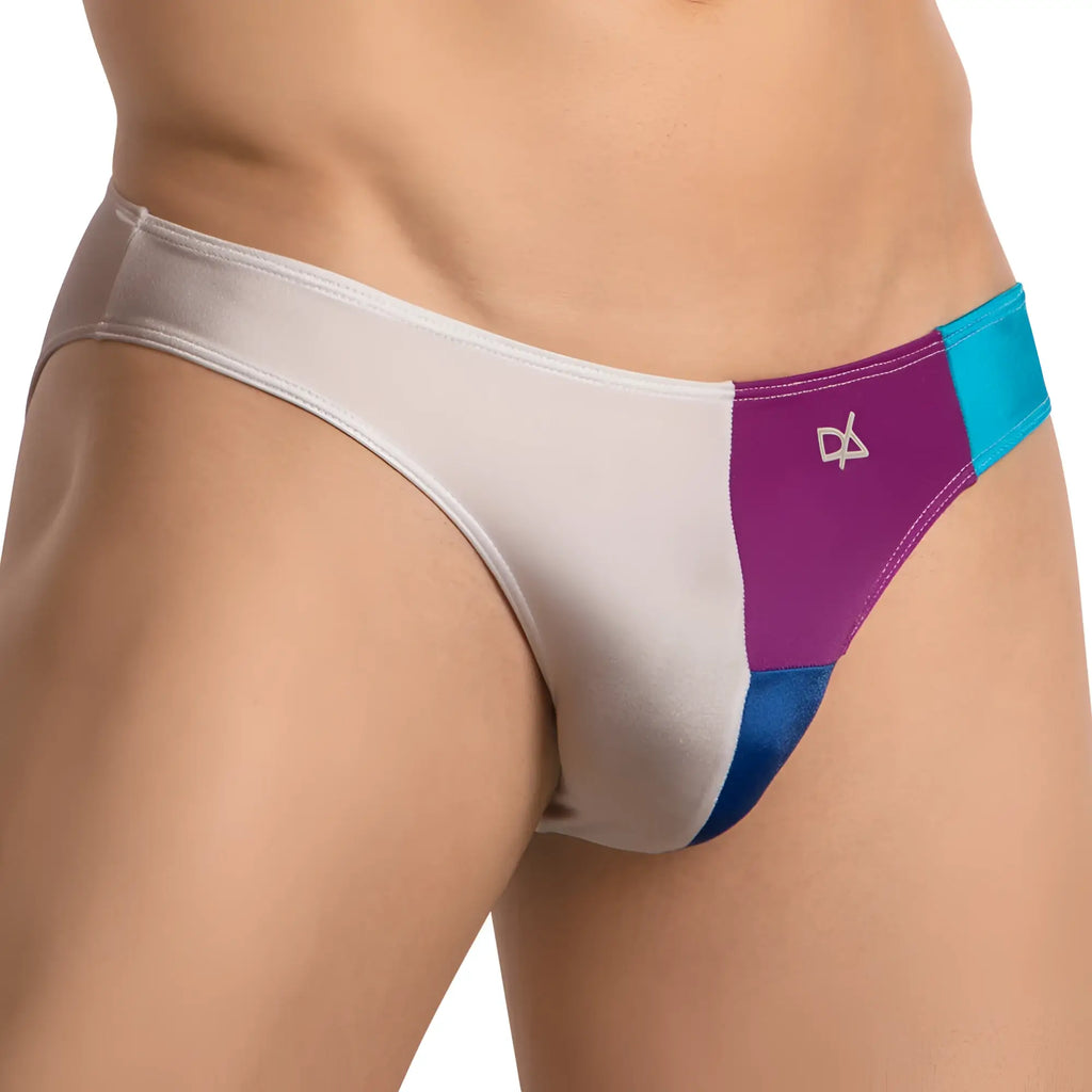 Daniel alexander dai096 bikini brief color-blocked in white purple and teal with subtle logo on the side